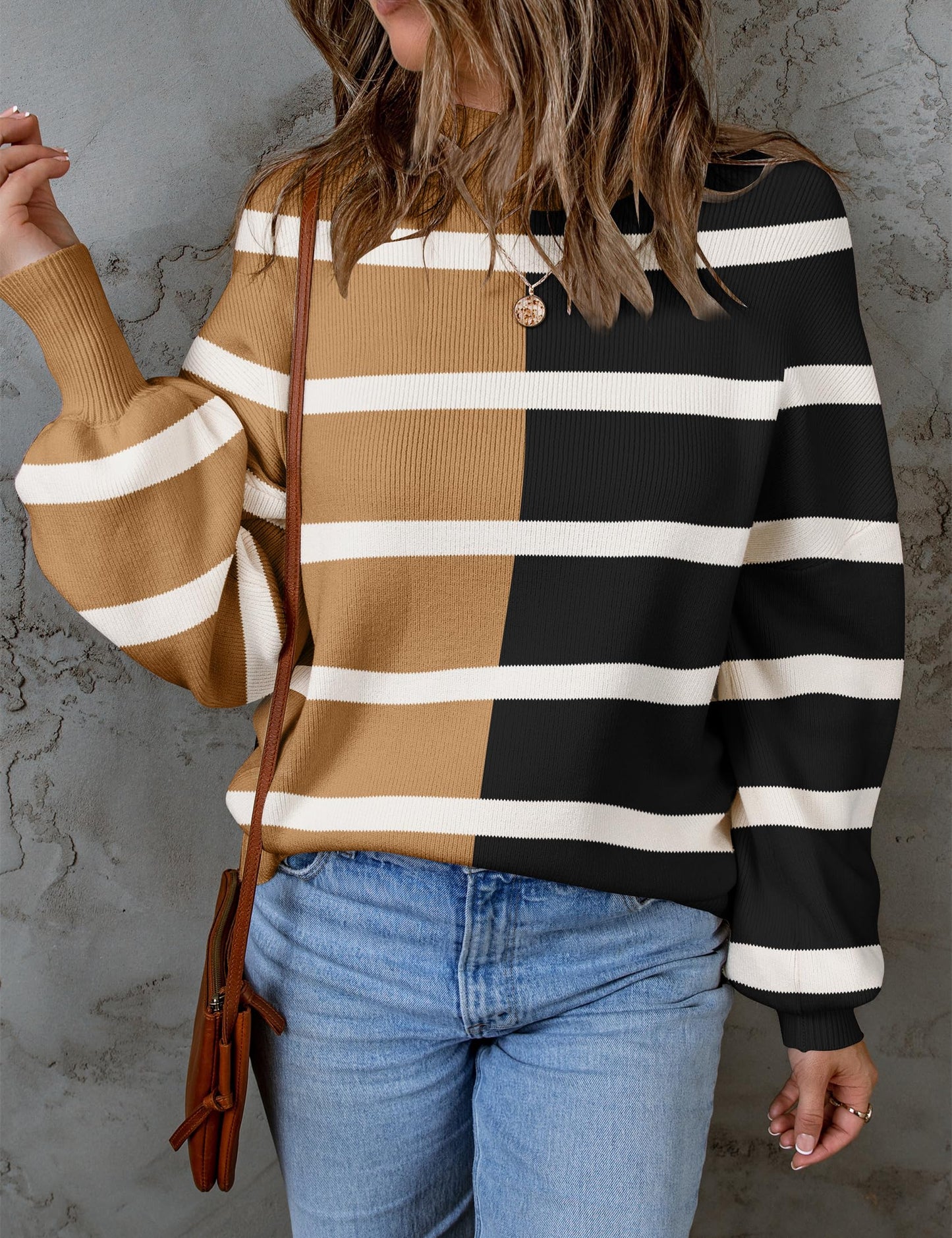 ZESICA Women's 2024 Fall Fashion Turtleneck Long Sleeve Striped Ribbed Knit Loose Pullover Sweater Tops