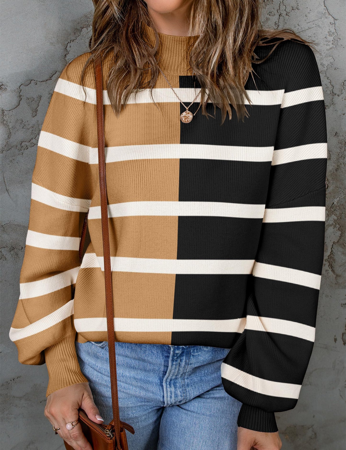 ZESICA Women's 2024 Fall Fashion Turtleneck Long Sleeve Striped Ribbed Knit Loose Pullover Sweater Tops