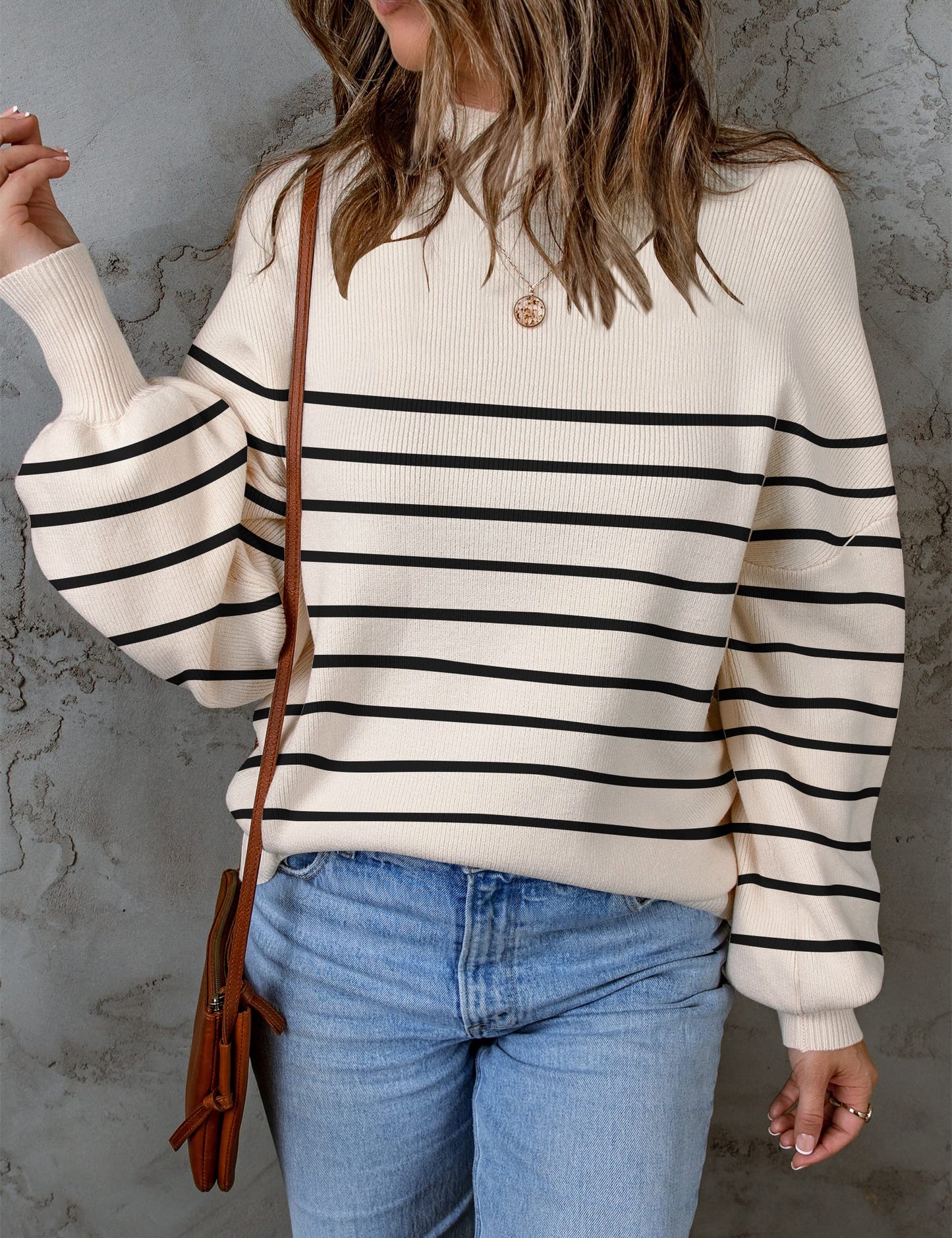ZESICA Women's 2024 Fall Fashion Turtleneck Long Sleeve Striped Ribbed Knit Loose Pullover Sweater Tops