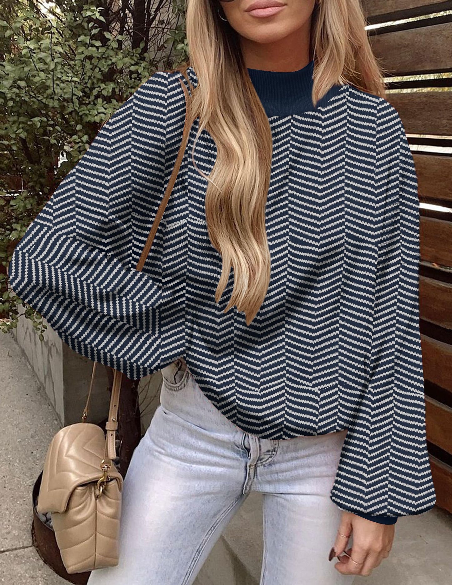 ZESICA Women's 2024 Fall Fashion Turtleneck Long Sleeve Striped Ribbed Knit Loose Pullover Sweater Tops