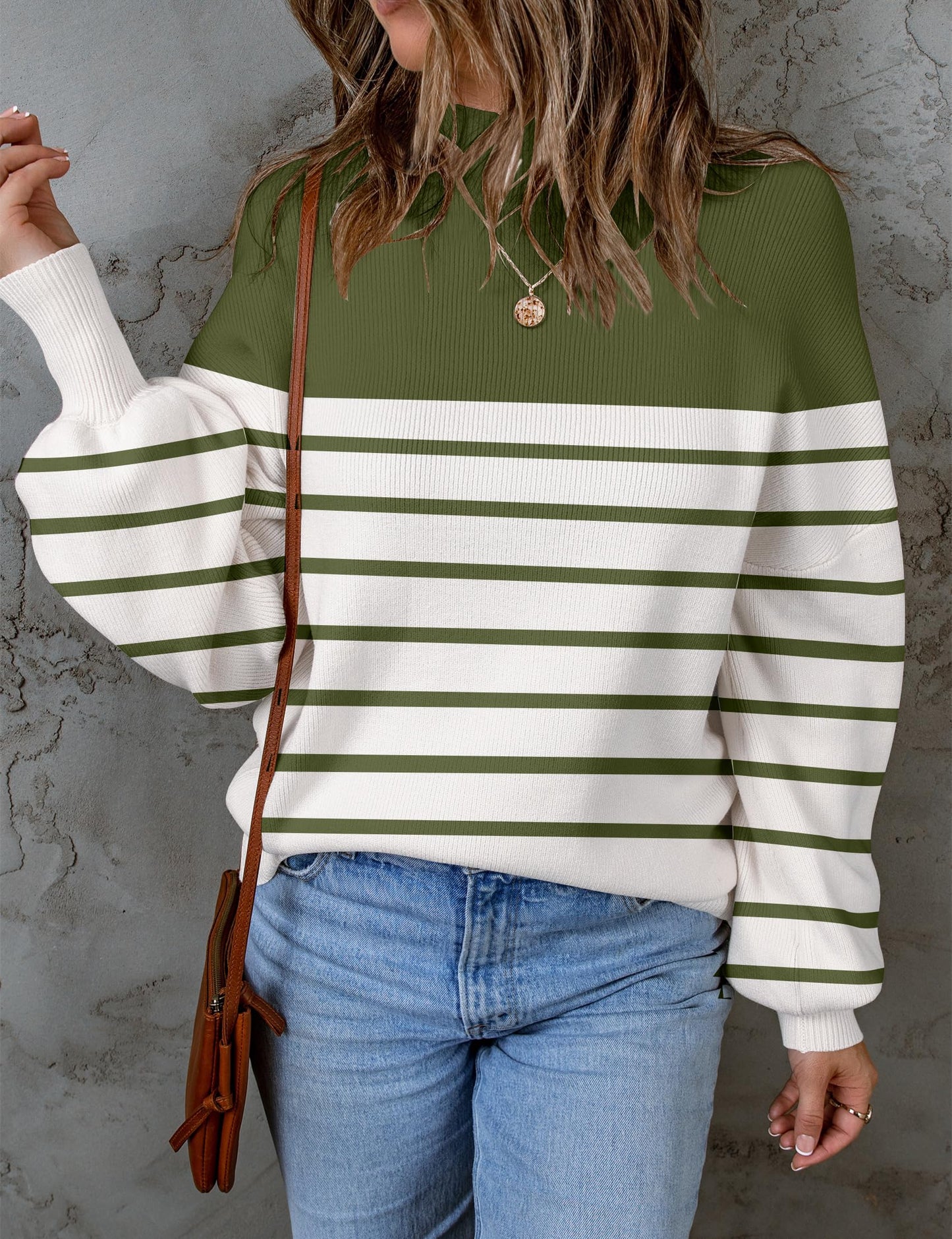 ZESICA Women's 2024 Fall Fashion Turtleneck Long Sleeve Striped Ribbed Knit Loose Pullover Sweater Tops