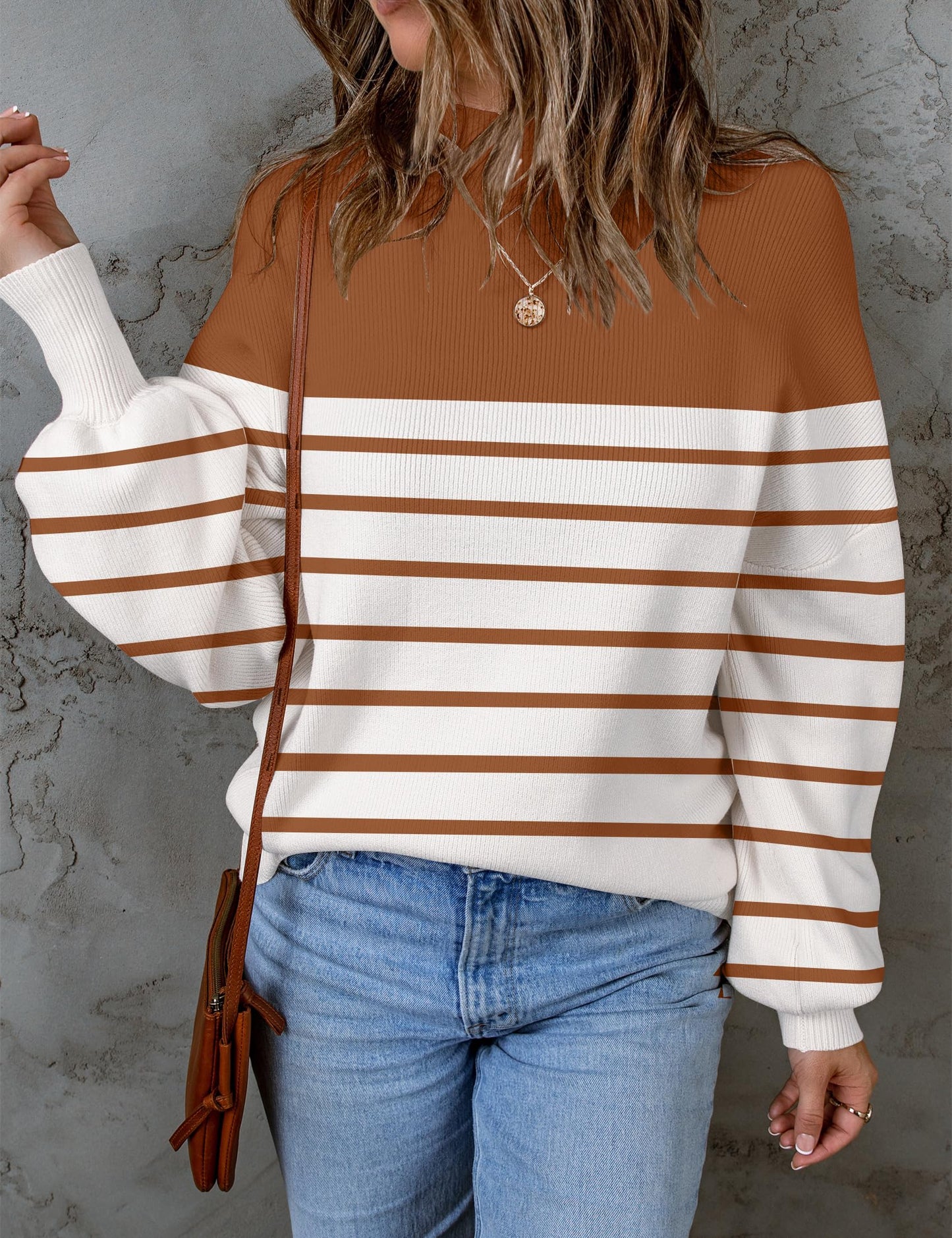 ZESICA Women's 2024 Fall Fashion Turtleneck Long Sleeve Striped Ribbed Knit Loose Pullover Sweater Tops