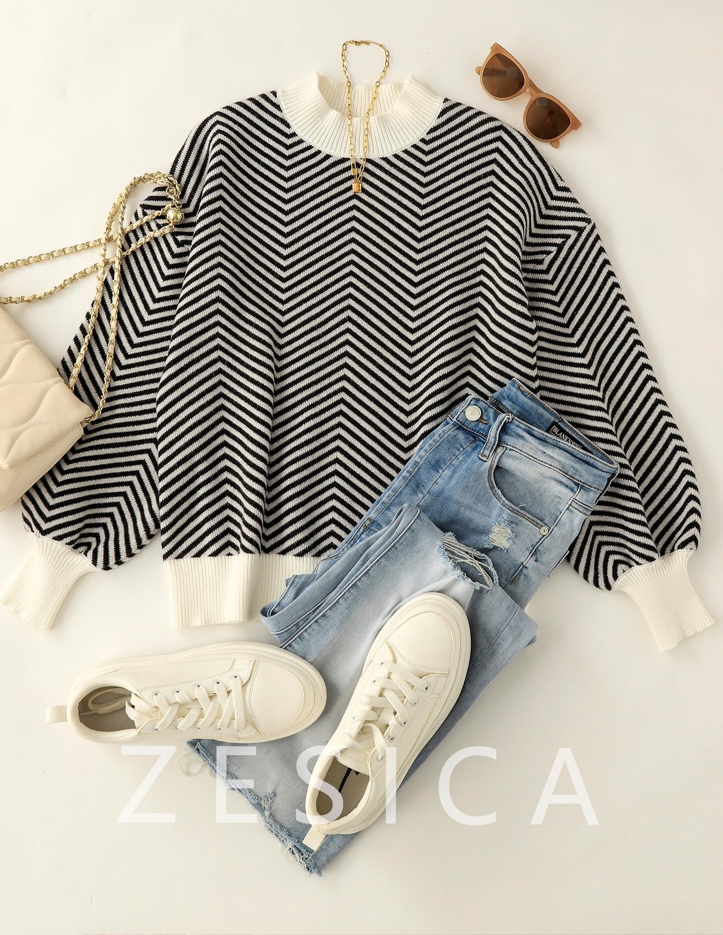 ZESICA Women's 2024 Fall Fashion Turtleneck Long Sleeve Striped Ribbed Knit Loose Pullover Sweater Tops
