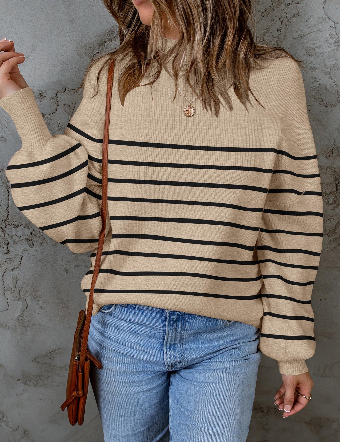 ZESICA Women's 2024 Fall Fashion Turtleneck Long Sleeve Striped Ribbed Knit Loose Pullover Sweater Tops