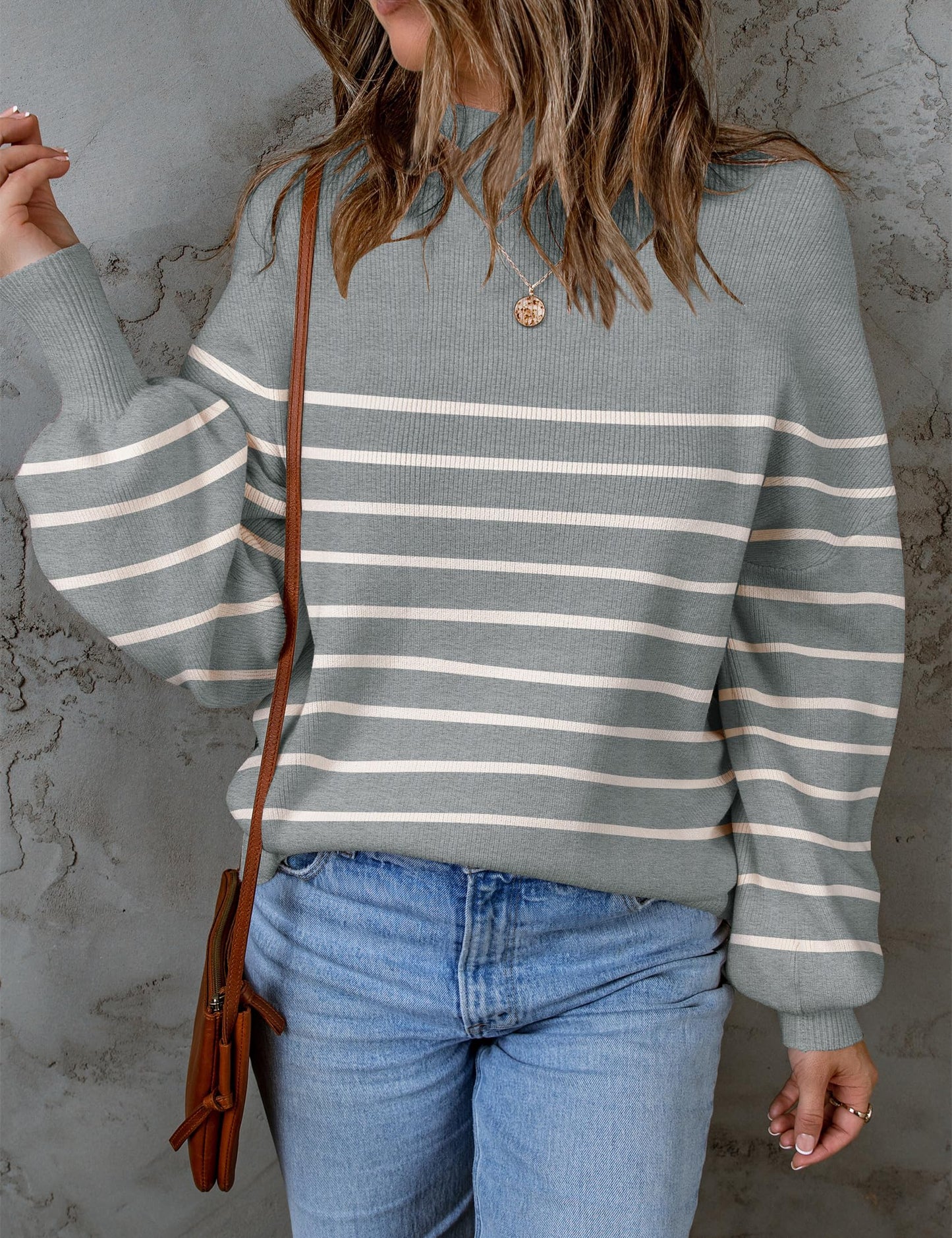ZESICA Women's 2024 Fall Fashion Turtleneck Long Sleeve Striped Ribbed Knit Loose Pullover Sweater Tops